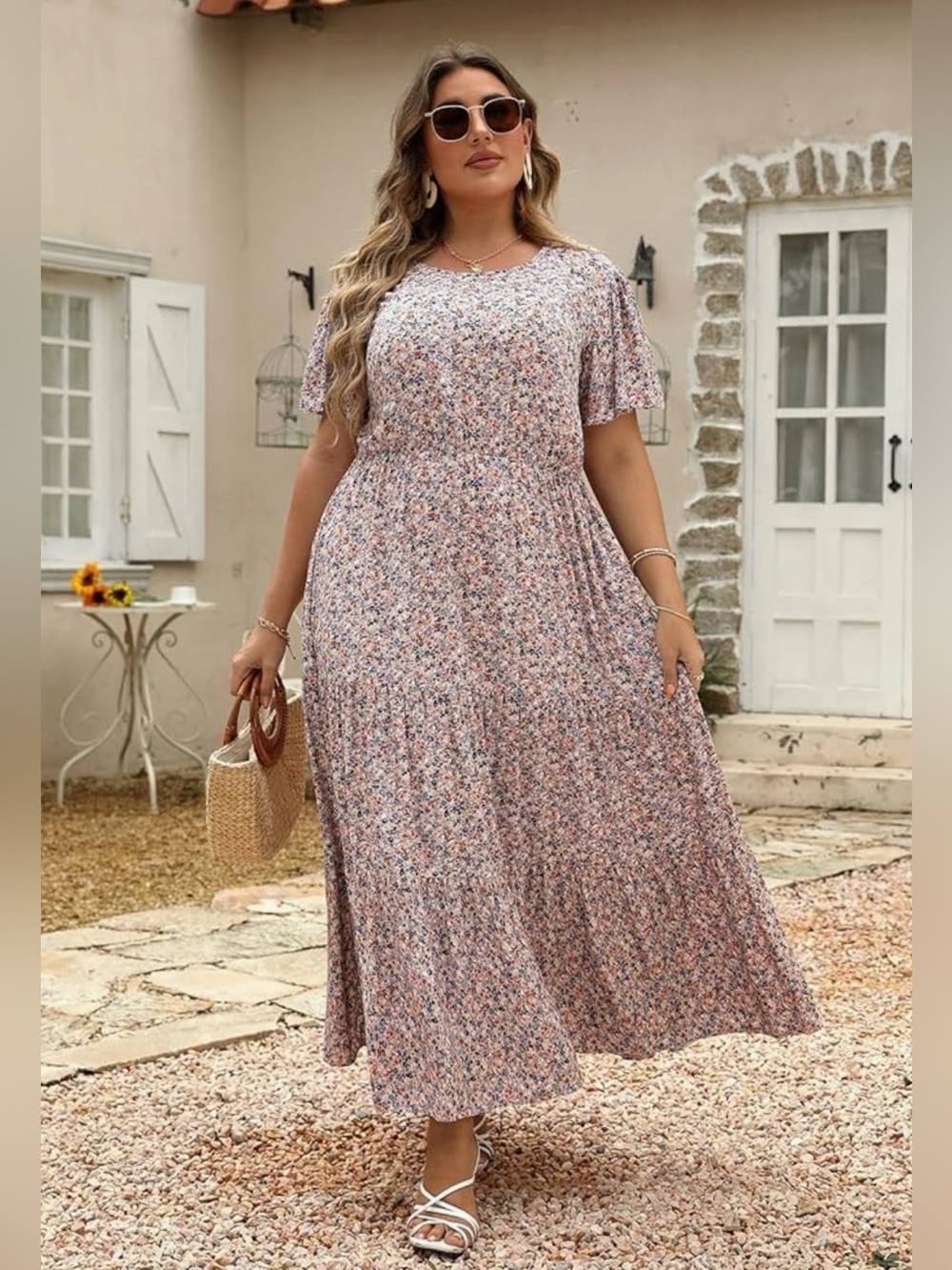 Nemidor Plus Size Maxi Boho Ditsy Floral Print Layered Long Dress with Pocket